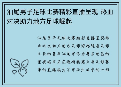 汕尾男子足球比赛精彩直播呈现 热血对决助力地方足球崛起